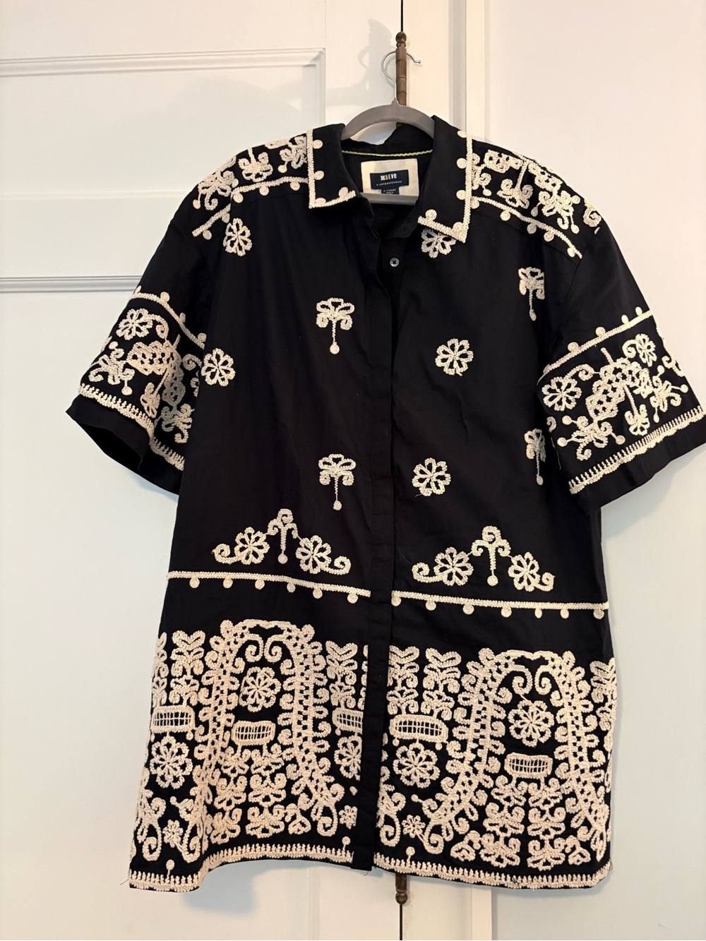 Black Embroidered Short-Sleeve Shirt  Dress -